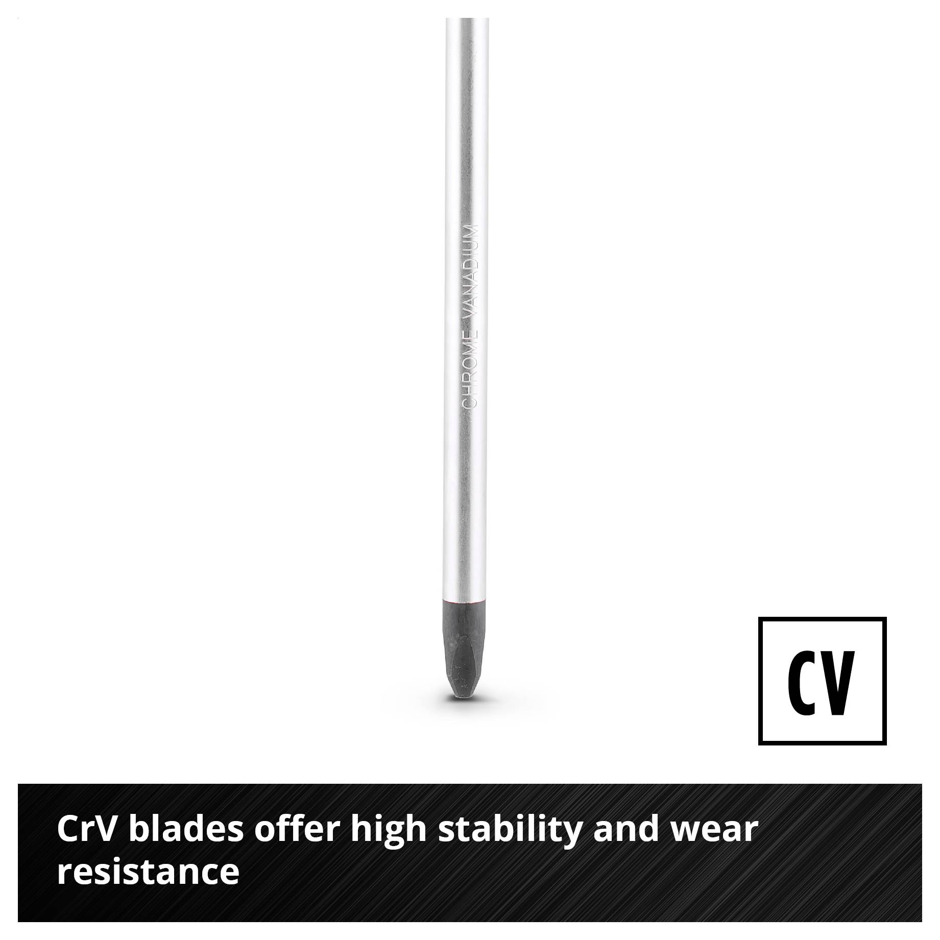 Silver CrV brush with black tip; Text: 'CrV blades offer high stability and long wear resistance' as well as 'CV' in a frame.