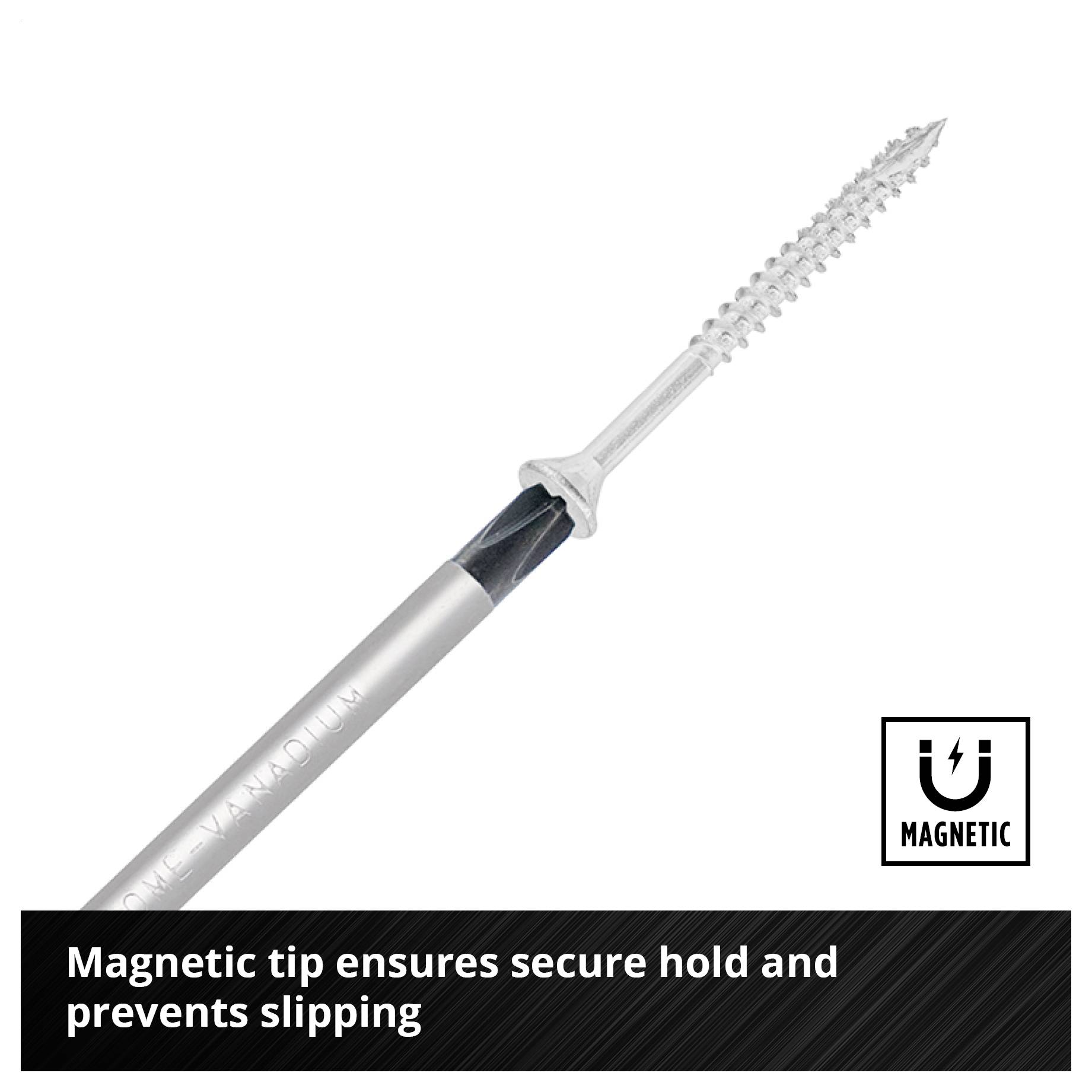 Screwdriver with magnetic tip; holds screws securely and prevents slipping.
