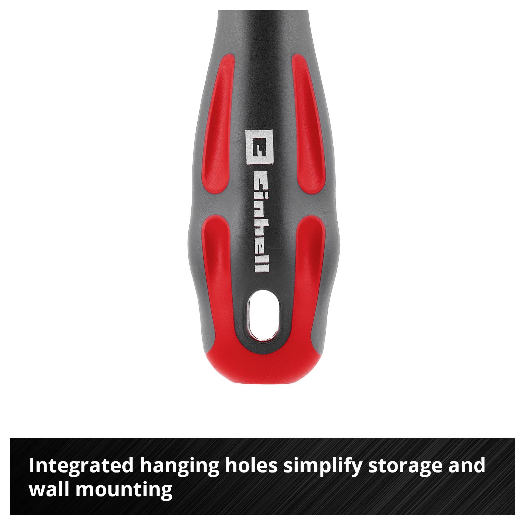 Black-and-red grip zone with integrated hole opening; Text: 'Integrated hole grips make hanging and storage easier'