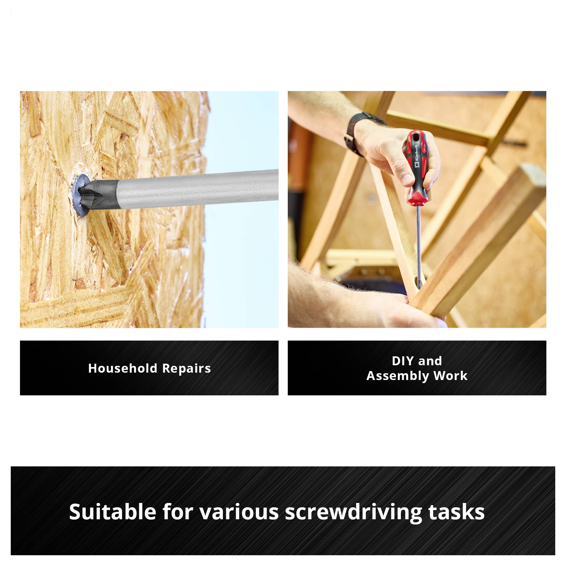 Advertising image for screwing work: on the left a drill in wood, on the right a screwdriver during assembly; below 'Household repairs', 'DIY and assembly work', 'Suitable for various screwing tasks'.