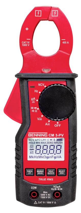 A clamp meter with a red clamp and a digital display, showing measurements for AC voltage. It has multiple function buttons and settings.