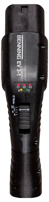 A black voltage tester labeled 'BENNING EL 1-3', featuring indicator lights and a switch for voltage range, designed for electrical troubleshooting.