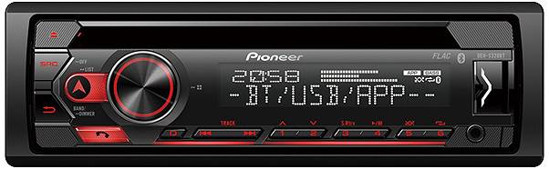 Car stereo with digital display showing '2:36 BT/USB/APP' and red control buttons, brand name 'Pioneer' visible.