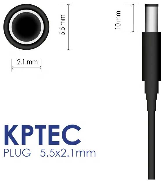 'KPTEC PLUG 5.5x2.1mm' power connector with dimensions: outer diameter 5.5mm, inner 2.1mm, length 10mm, black cable.
