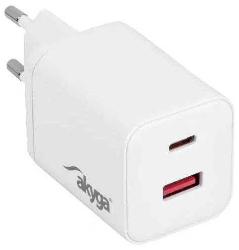 A white USB wall charger with two ports, labeled 'akyga', suitable for charging electronic devices.
