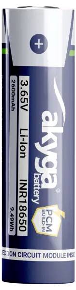 A cylindrical 'Akyga' battery labeled 'Li-ion INR18650 3.65V 2600mAh', featuring protection circuit module.