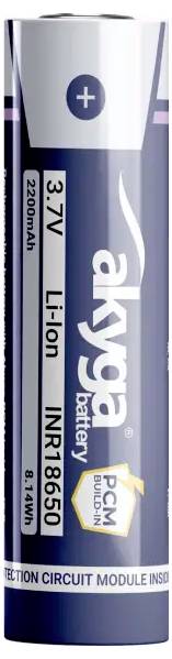 A lithium-ion 18650 battery by Akyga with 3.7V, 2900mAh capacity, and PCM protection indicated on the label.