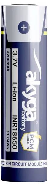 A blue cylindrical lithium-ion battery labeled 'Akyga INR18650 3200mAh 3.7V'.