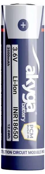 Akyga 3.6V Lithium-Ion Battery, model INR18650, 3500mAh, with PCM protection circuit module.