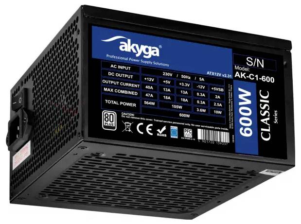 A black power supply unit with blue label featuring specifications: '600W Classic', AC input and DC output details, efficiency rating '80 Plus'.