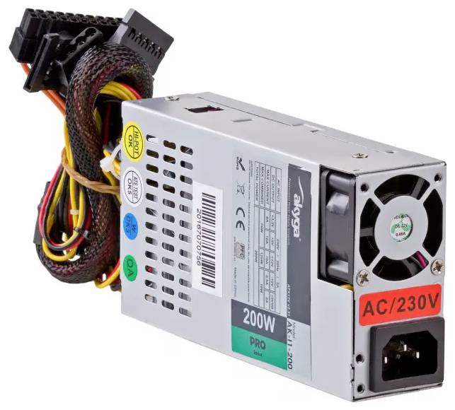 A computer power supply unit with multiple colored cables, labeled 'AC/230V', '200W', and various certification stickers on the casing.