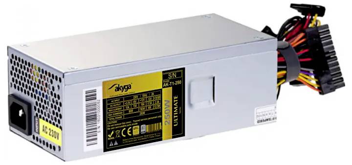 Akyga power supply, model AK-T11-250, 250W, silver casing, multiple colorful cables for PC connectivity, AC 230V input.