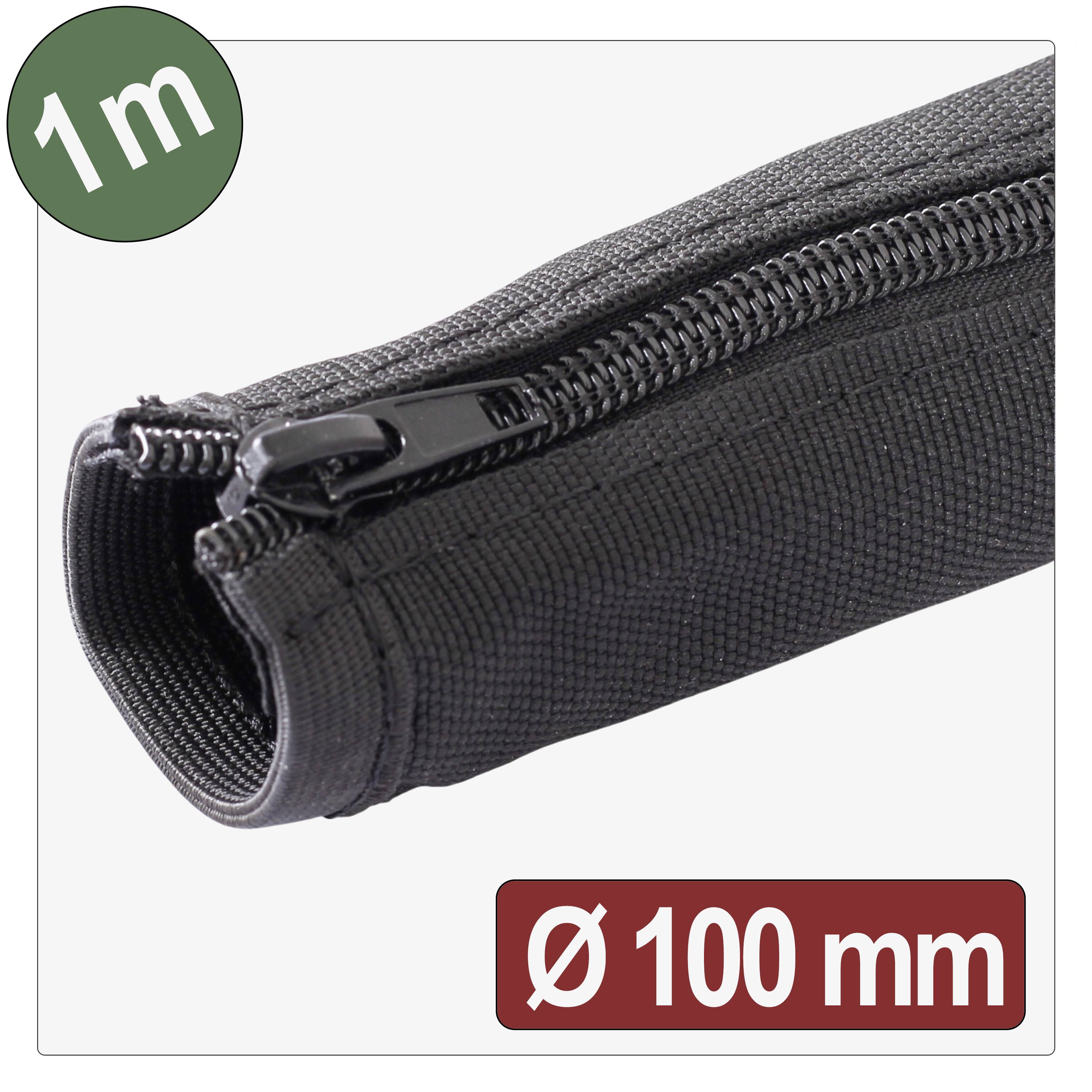 A black fabric tube with a zipper, 1 meter long and 100 mm in diameter, is shown. A green circle contains '1m' and a red box shows 'Ø 100 mm'.