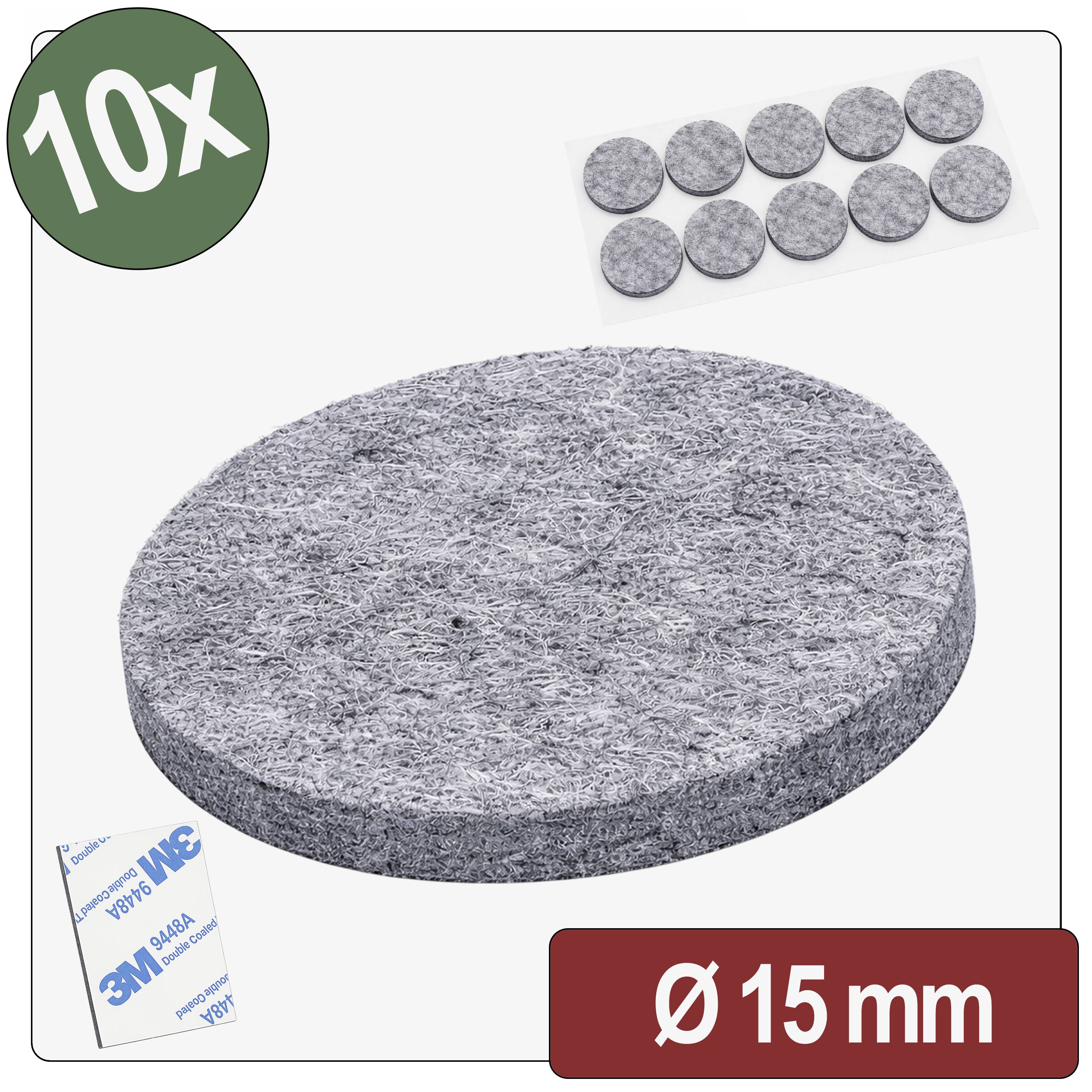 '10x' package of 15 mm round felt pads with self-adhesive backing, designed to protect surfaces from furniture scratches.
