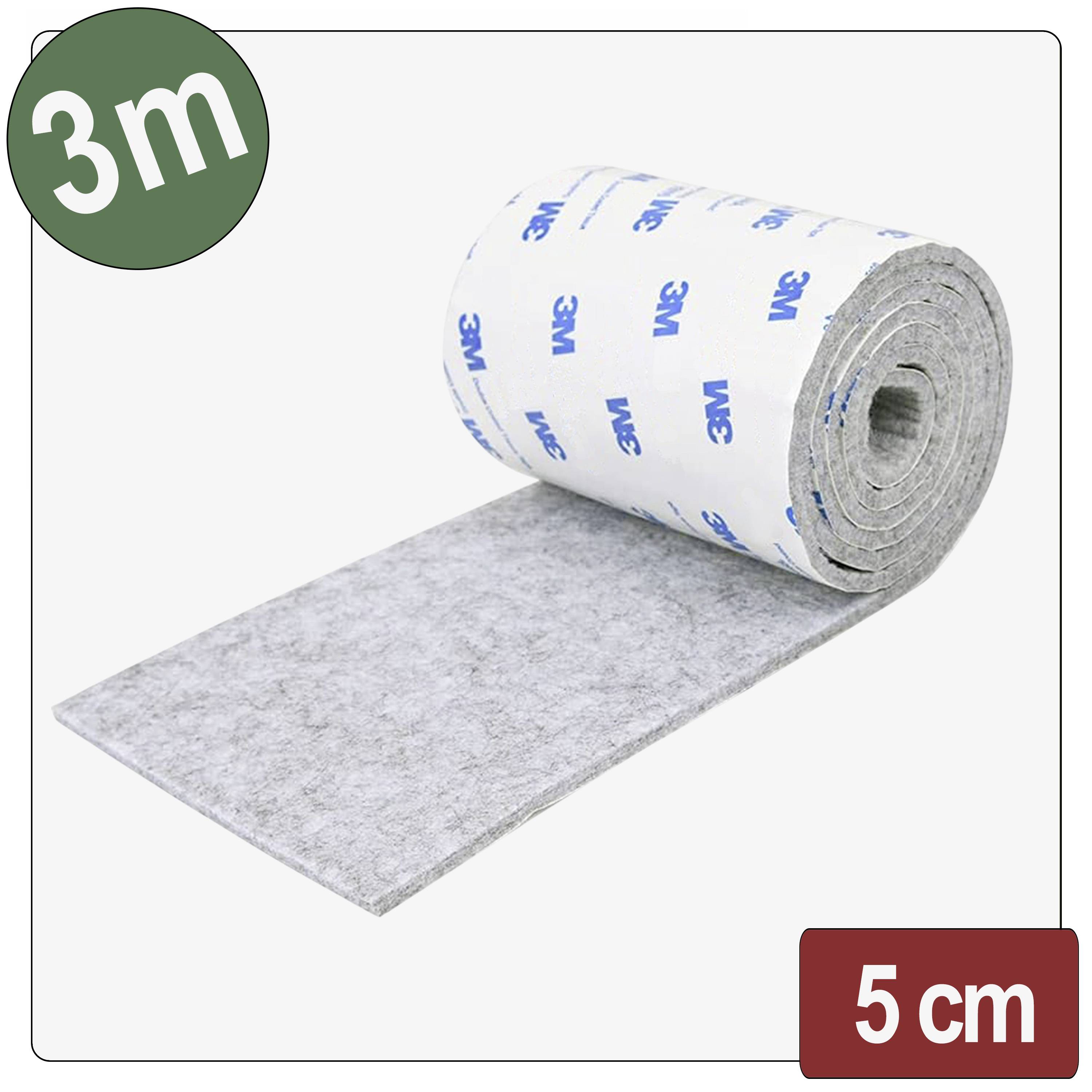 A roll of gray felt fabric with one side covered in white adhesive material, measuring 3 meters long and 5 centimeters wide.