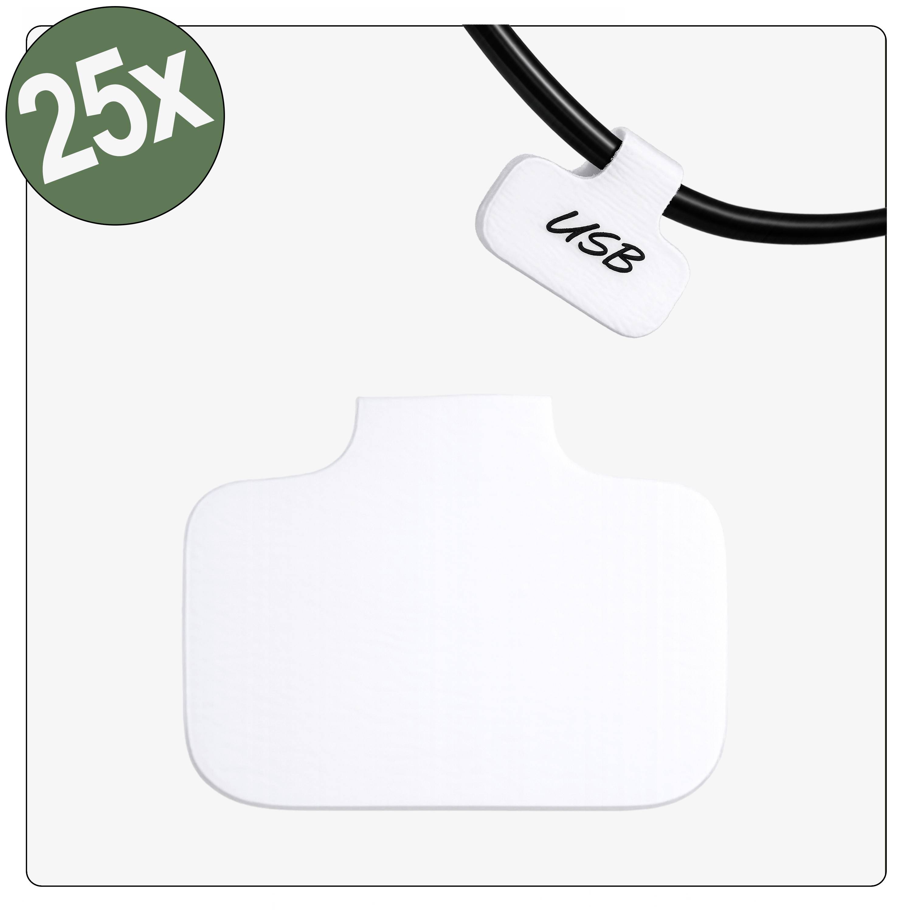 White rectangular label tag with 'USB' printed on it, attached to a black cable. Green circle in the corner with '25x'.