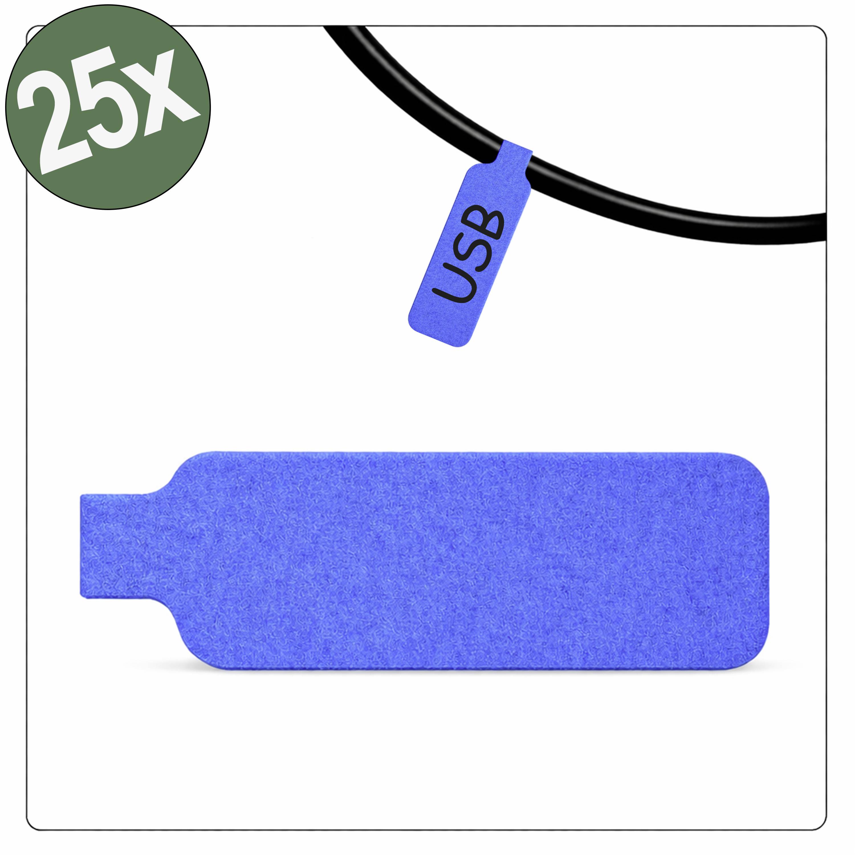 25x USB cable labels in blue, shown attached to USB cable and in close-up.