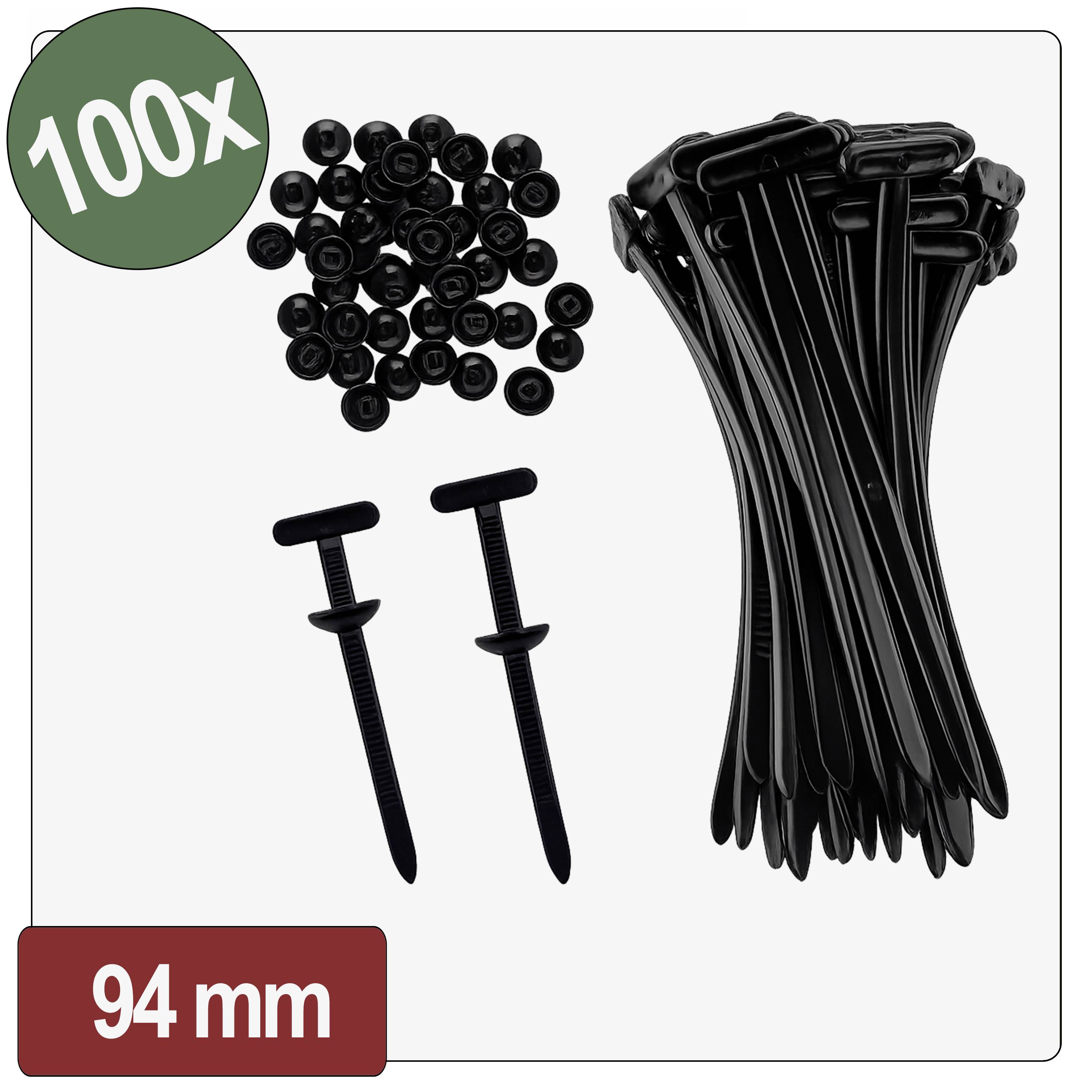 '100x 94 mm' black cable ties with accessories arranged on a white background.