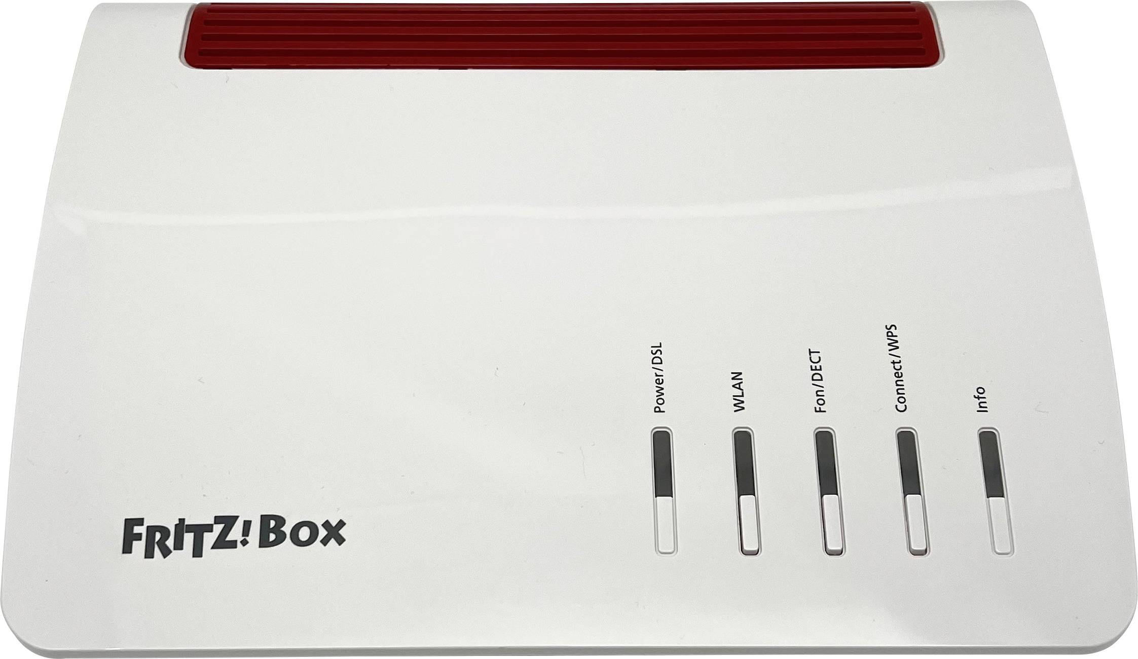 A white 'FRITZ!Box' router with indicator LEDs for power/DSL, WLAN, phone/DECT, connect/WPS, and info, under a red vent.