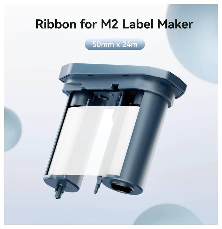 Ribbon cartridge for M2 Label Maker, labeled '50mm x 24m', shown on a light blue background.