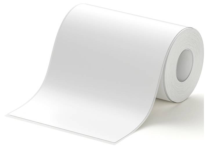 A white roll of blank adhesive labels or paper unfurled on a plain background.
