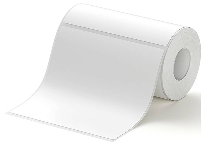 A roll of white adhesive labels or sticker paper with a blank sheet unspooled in front.