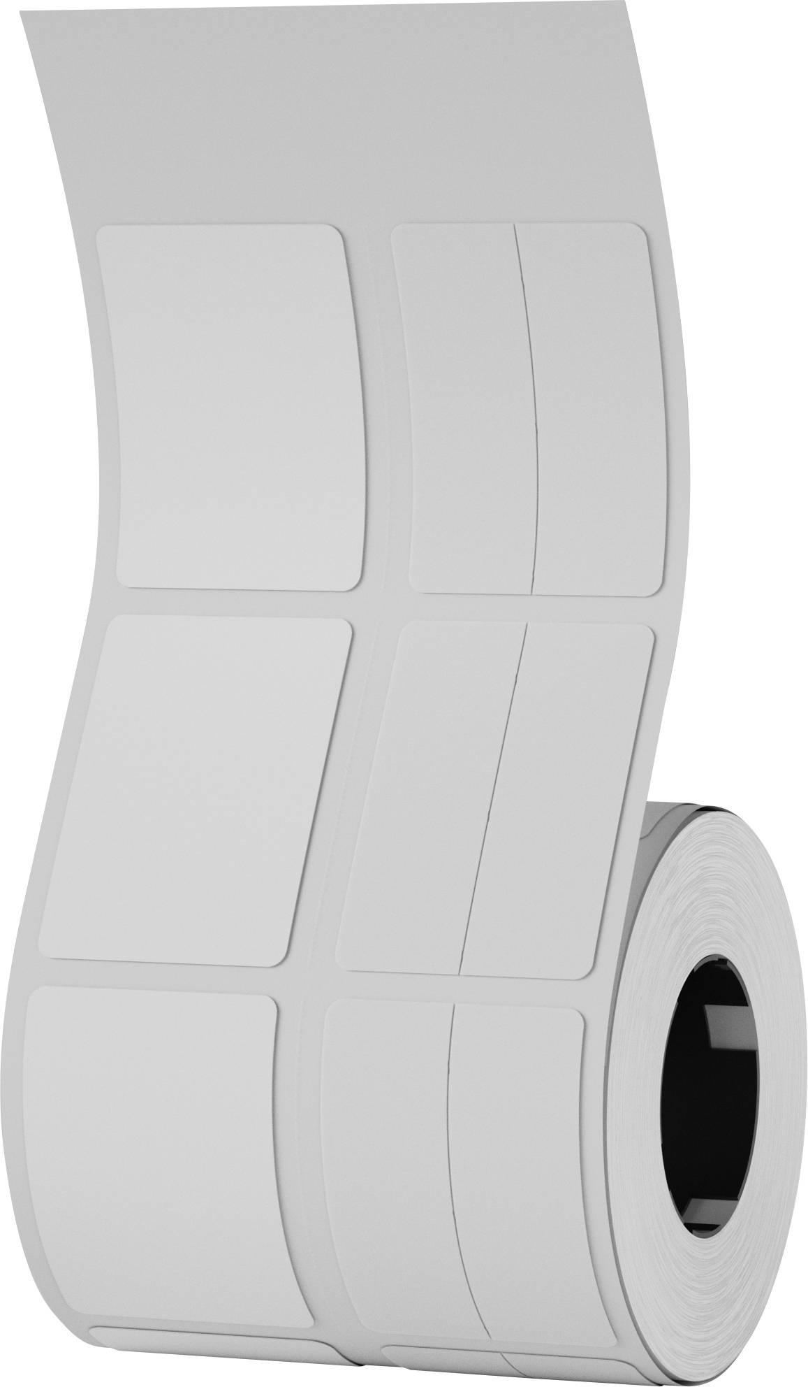 Roll of blank adhesive labels with six rounded rectangular stickers on a white backing.