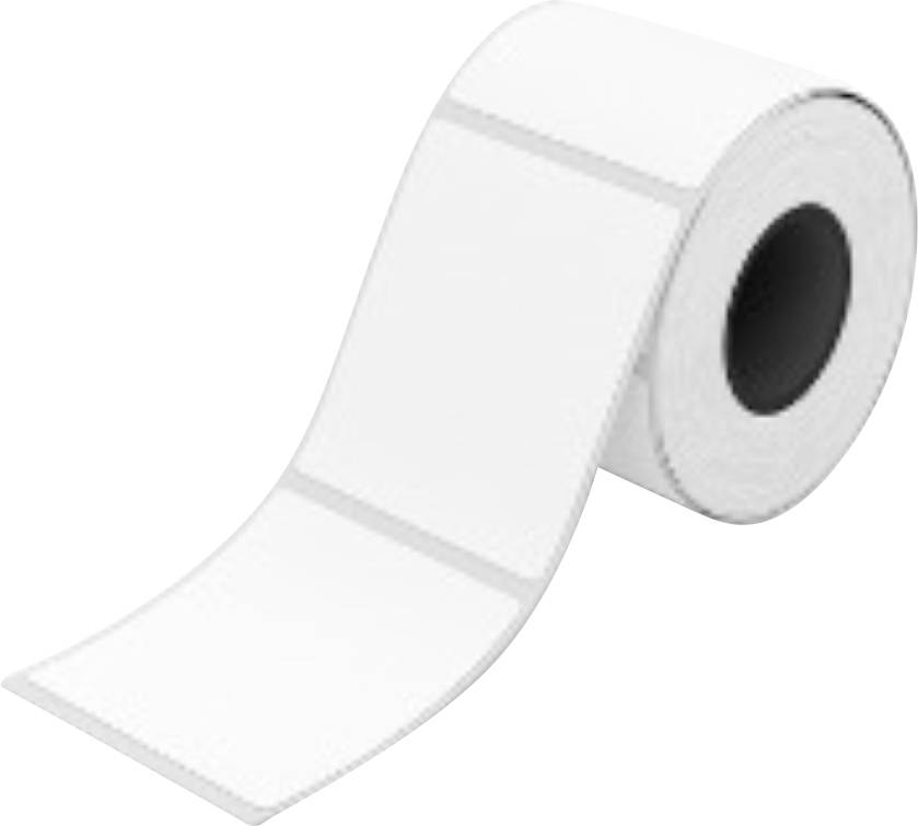 A roll of blank white adhesive labels or sticker paper with a visible cardboard core.
