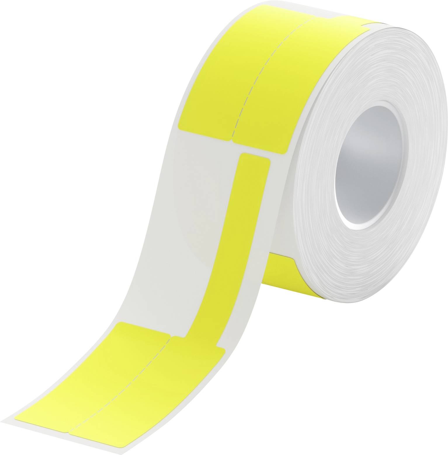 Roll of white adhesive tape with bright yellow striping, shown unrolled on a plain background.