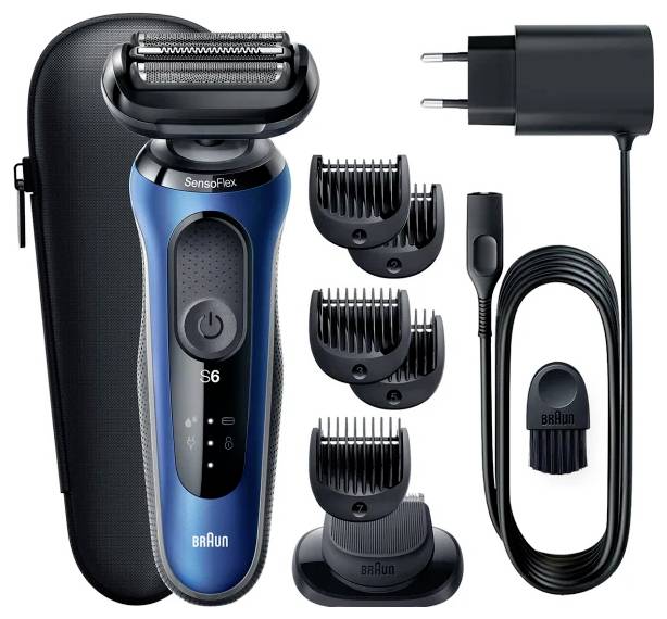 Electric shaver kit with blue handle, multiple grooming attachments, charger, and travel case. Suitable for versatile shaving needs.
