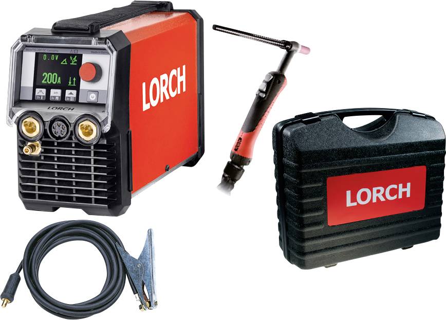 'LOARC' branded welder with digital display, welding torch, connecting cable with clamp, and carrying case; used for metal welding.