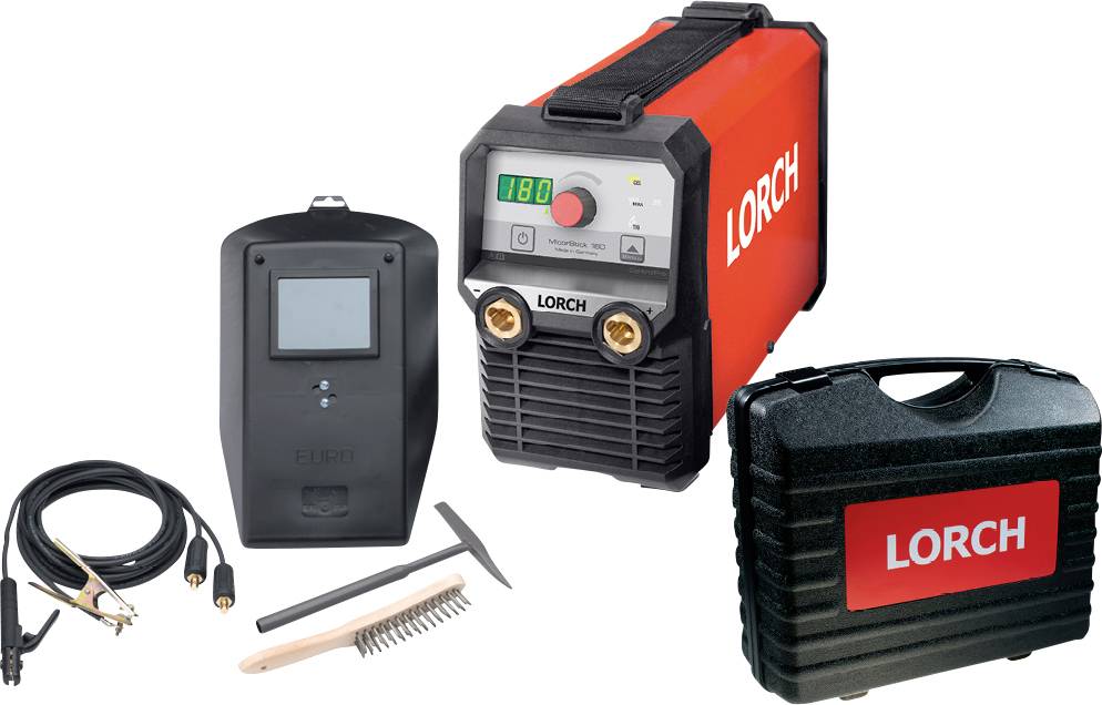 'Lorch' welding machine with digital display, welding helmet, cables, brush, hammer, and carrying case for portable use.