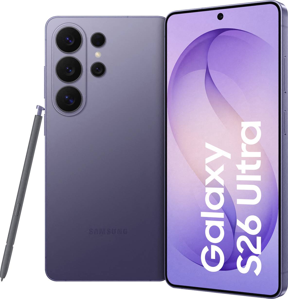 'Samsung Galaxy S26 Ultra' smartphone in purple, with stylus nearby, displayed front and back, featuring multiple rear cameras.