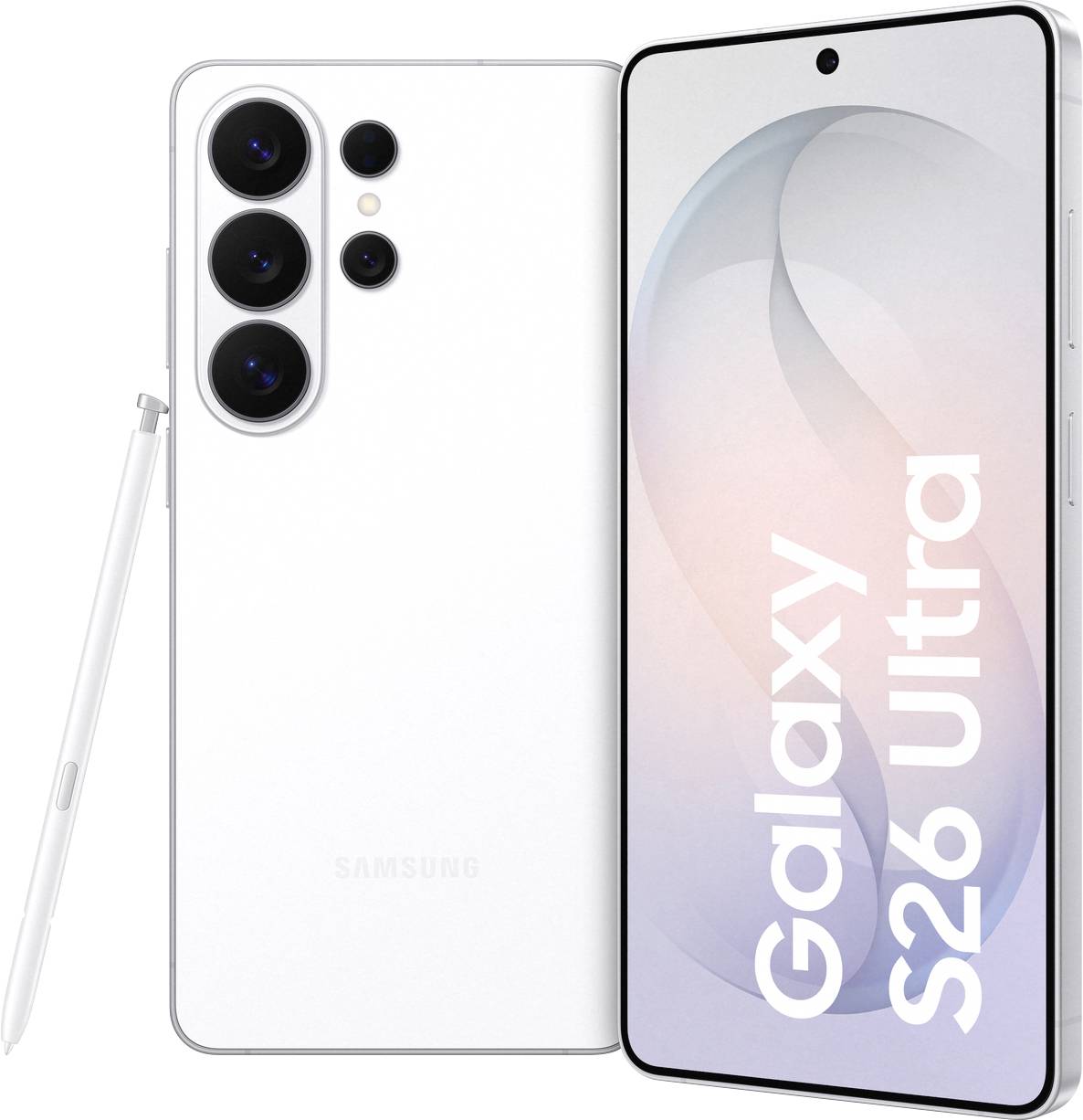 A Samsung Galaxy S26 Ultra smartphone in white with three rear cameras and an S Pen, displaying its name on the screen.