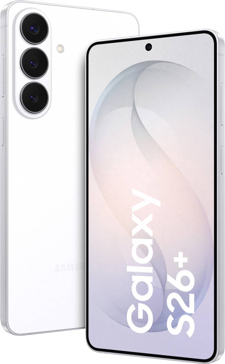 A white smartphone with three camera lenses and 'Galaxy S26+' on the screen, showcasing a sleek design and modern features.