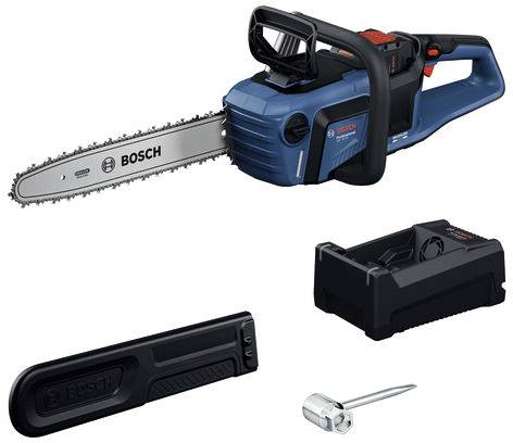Bosch cordless chainsaw with protective blade cover, battery charger, and tool for maintenance.