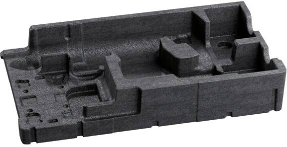 A black, contoured foam insert with multiple compartments and raised sections, likely designed for safely holding specific objects or tools.