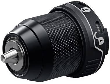 A black drill chuck with a textured grip features a metal tip and lock symbols on the side, indicating adjustable settings.