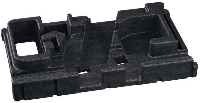 A black molded plastic tray with various compartments and slots designed to hold tools or components securely in place.