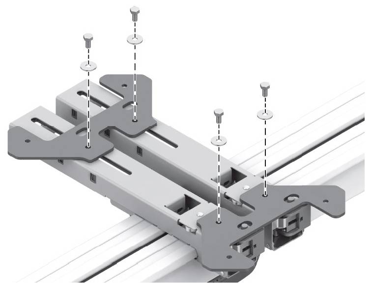Illustration of a linear guide rail assembly with screws and mounting plates, showing how components align and fasten together.