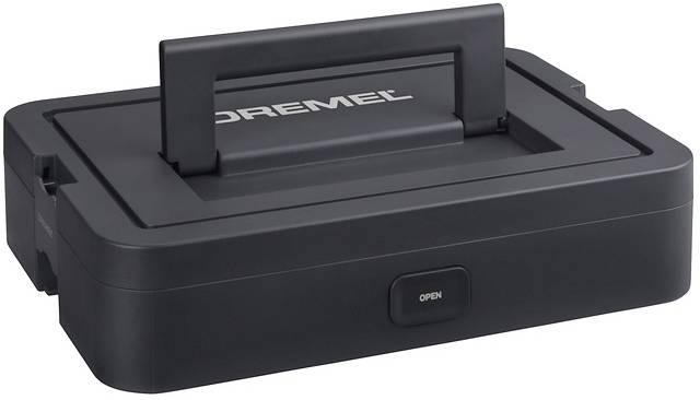 'A black Dremel tool case with a rectangular design and handle on top. The word 
