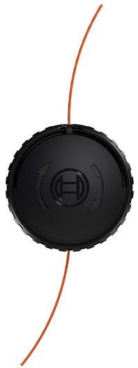 Black trimmer head with an orange line extending from both sides, used for cutting grass in a garden or lawn maintenance tool.