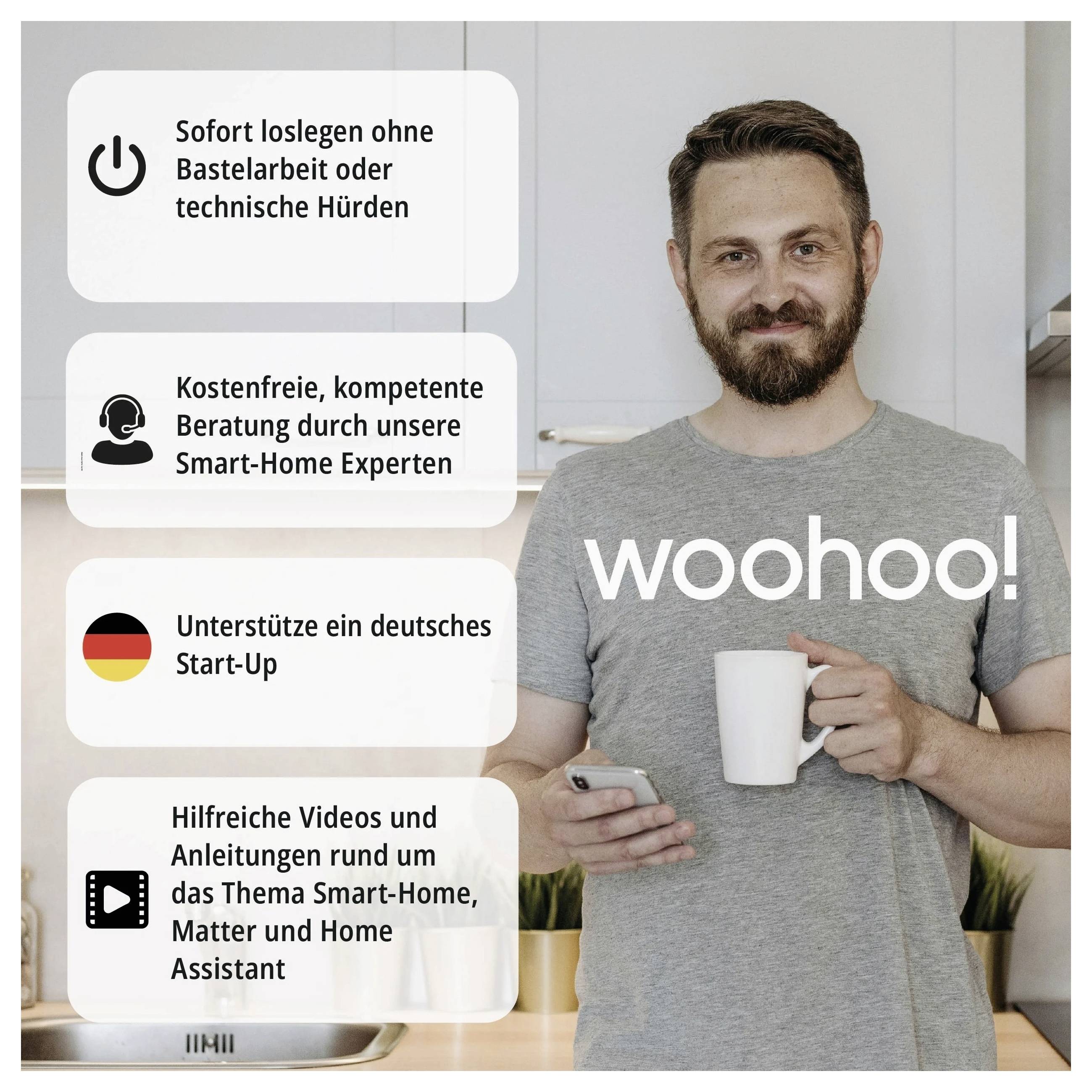 Man in kitchen holding phone, smiling. Text boxes list benefits: starting easily, free expert advice, supporting a German start-up, and helpful videos.