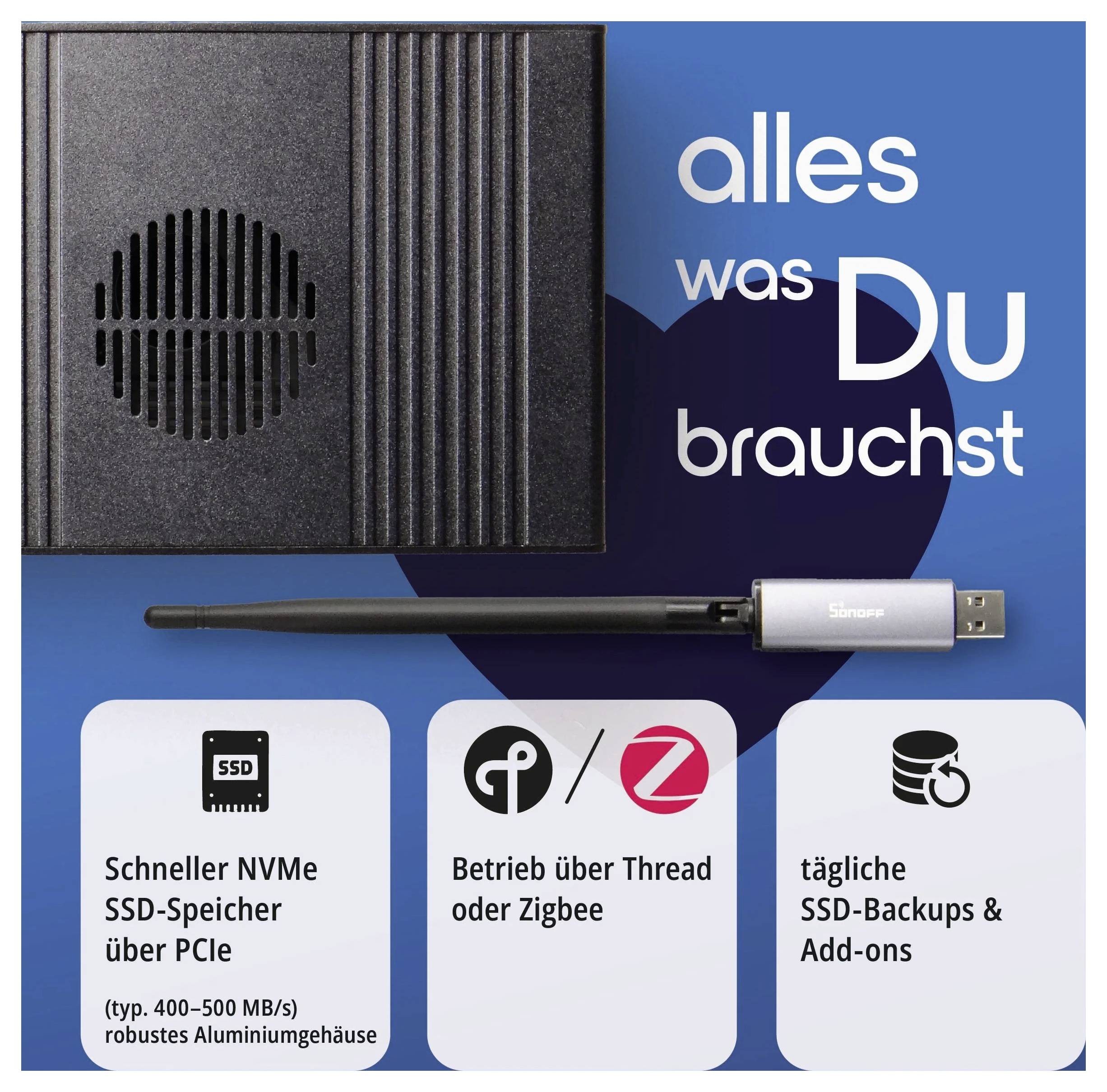 The image shows a tech product advertisement with icons and German text highlighting features like 'Sneller NVMe SSD', 'Betrieb über Thread oder Zigbee', and 'tägliche SSD-Backups & Add-ons'.