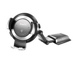 Circular mobile phone holder with adjustable arm, featuring a wireless charging symbol at the center.