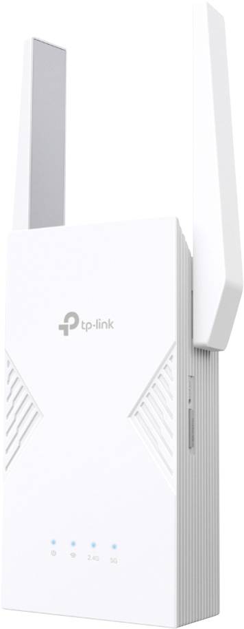 A white TP-Link Wi-Fi range extender with two adjustable antennas, vertical design, and indicator lights for signal strength.