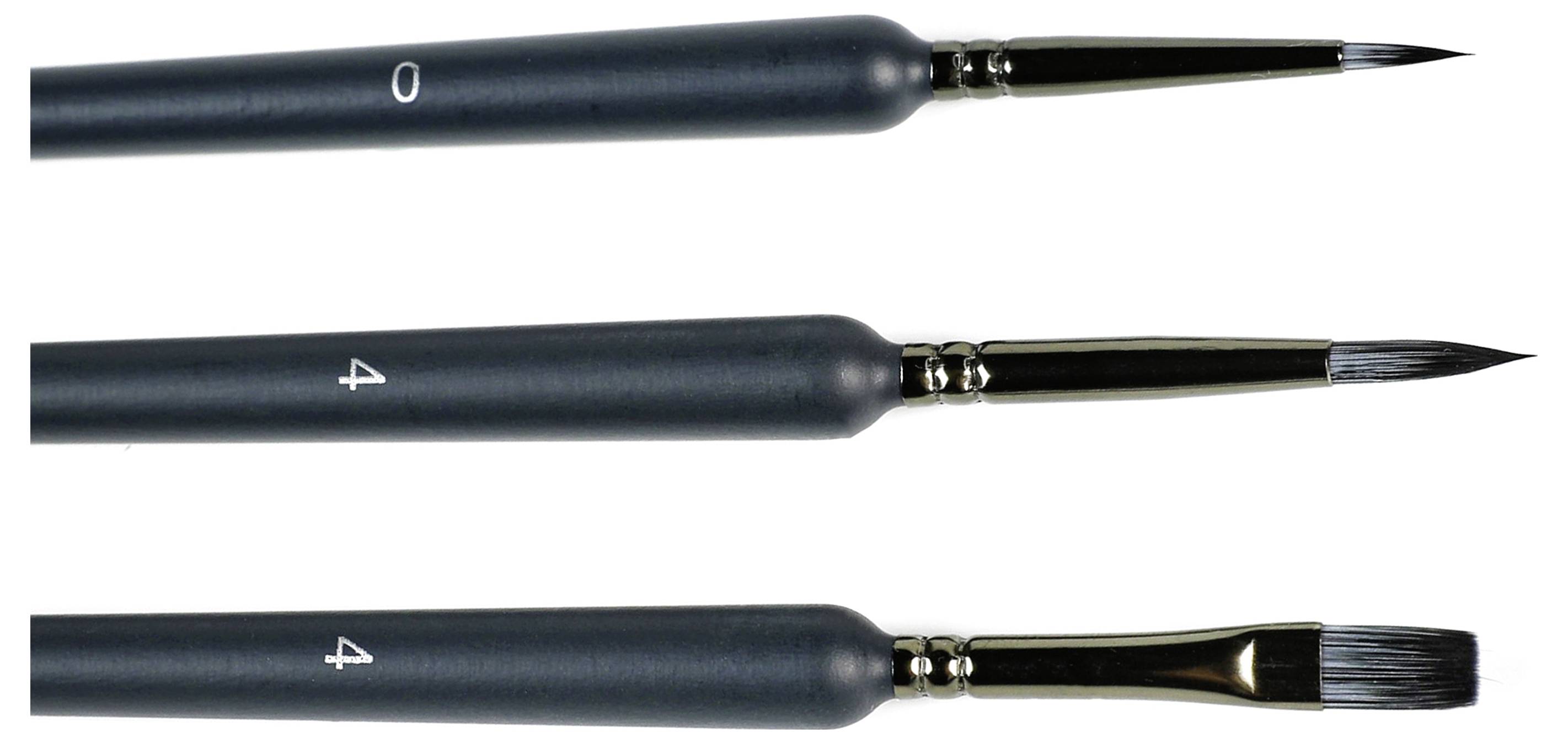 Three paintbrushes with black handles and numbers '0' and '4', featuring different tip shapes: pointed, round, and flat.