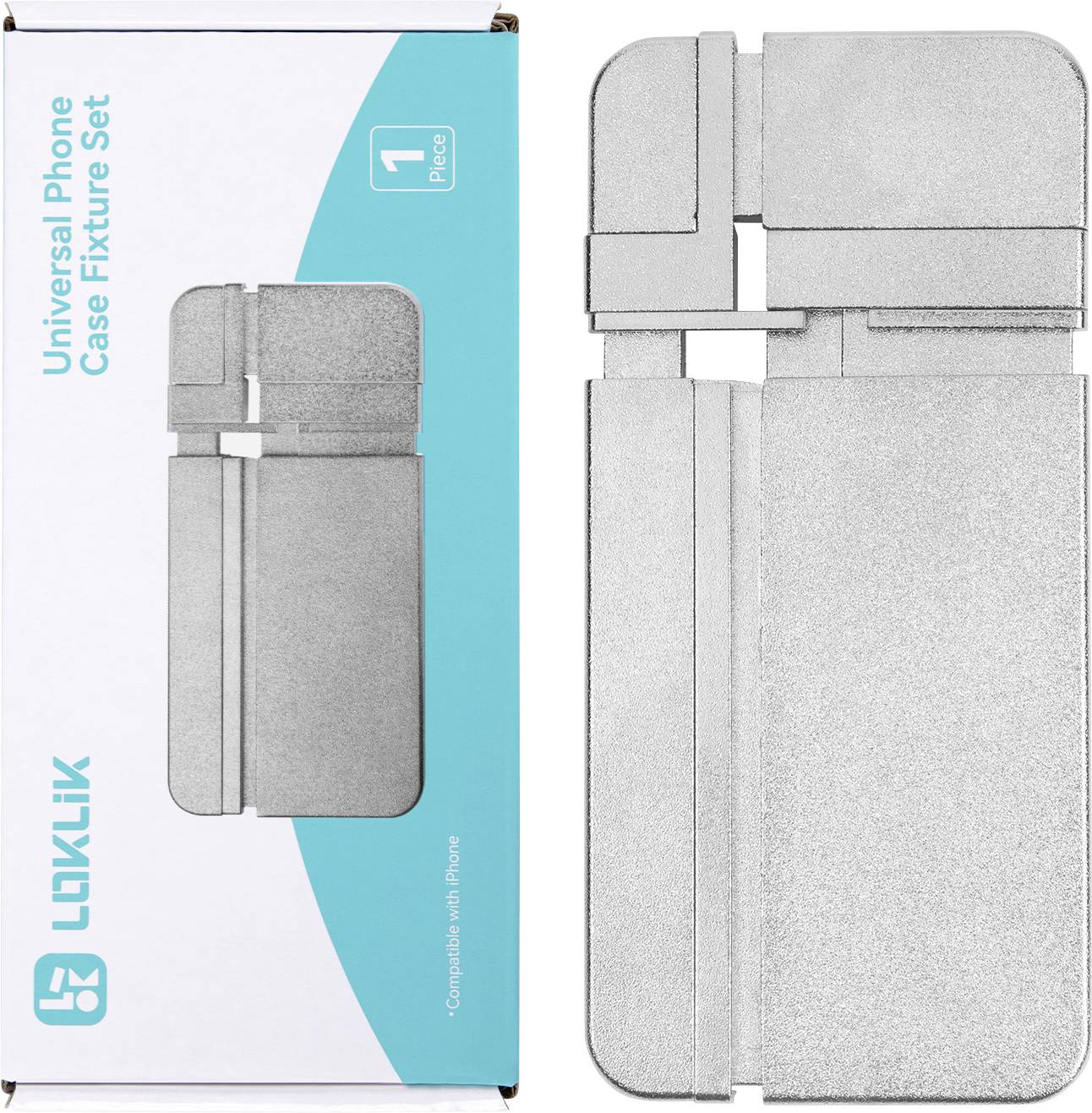 'Universal Phone Case Fixture Set' packaging and the gray fixture set. The package states compatibility with any phone.