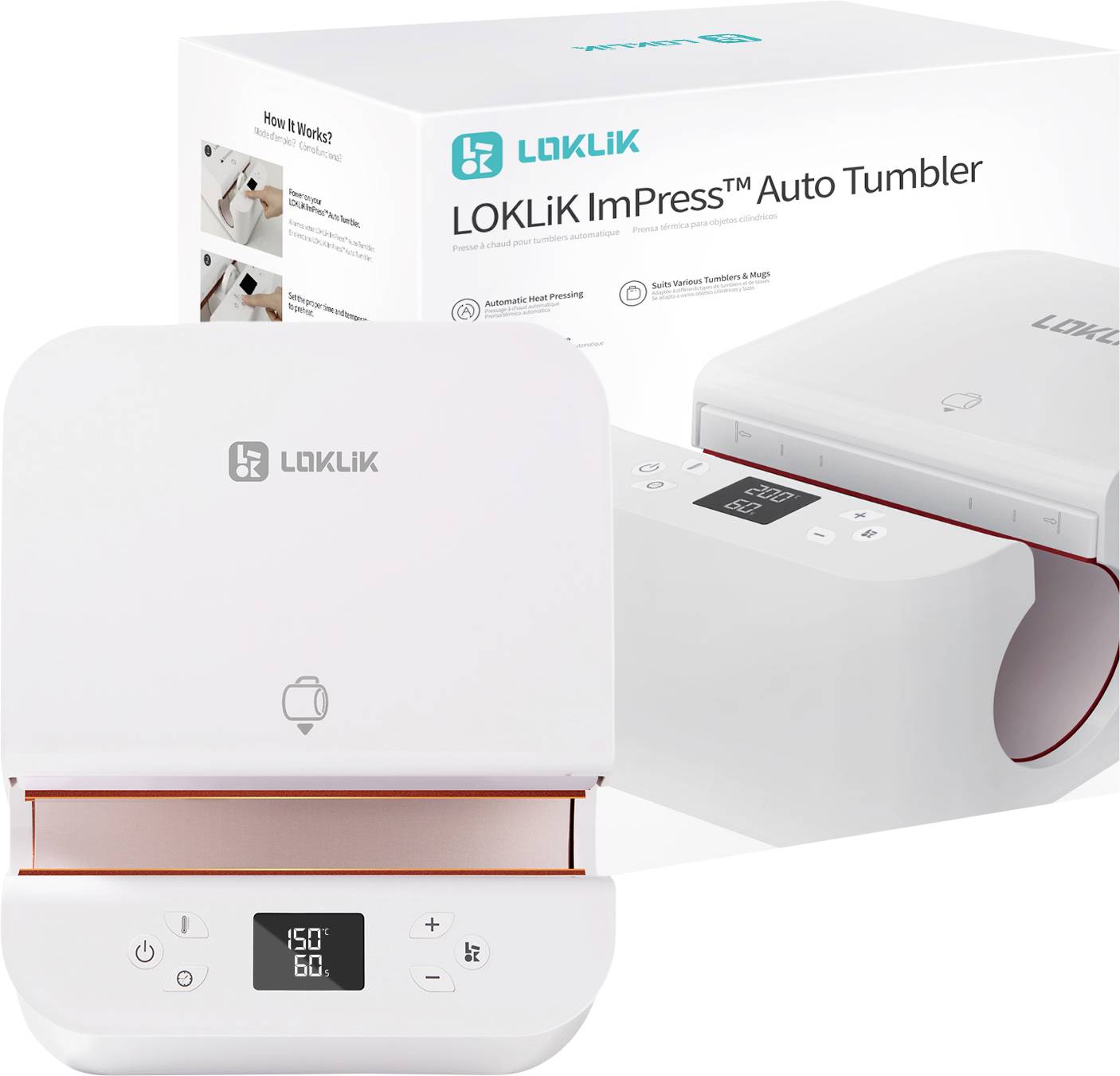White Loklik ImPress Auto Tumbler iron with digital display, temperature and time settings, in front of its retail packaging box.