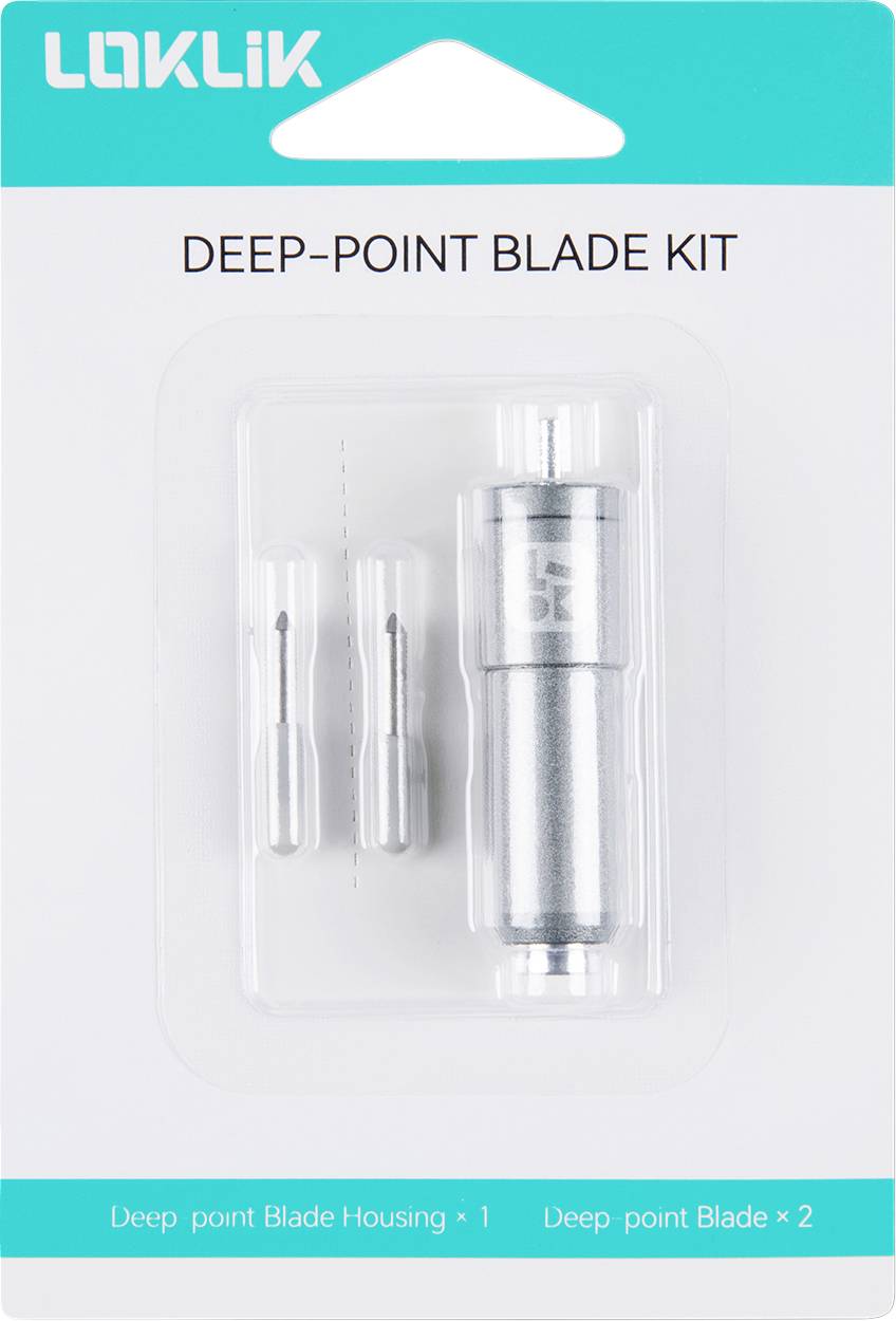 Package containing a 'Deep-Point Blade Kit' with one metal blade housing and two smaller blades for crafting or cutting tools.